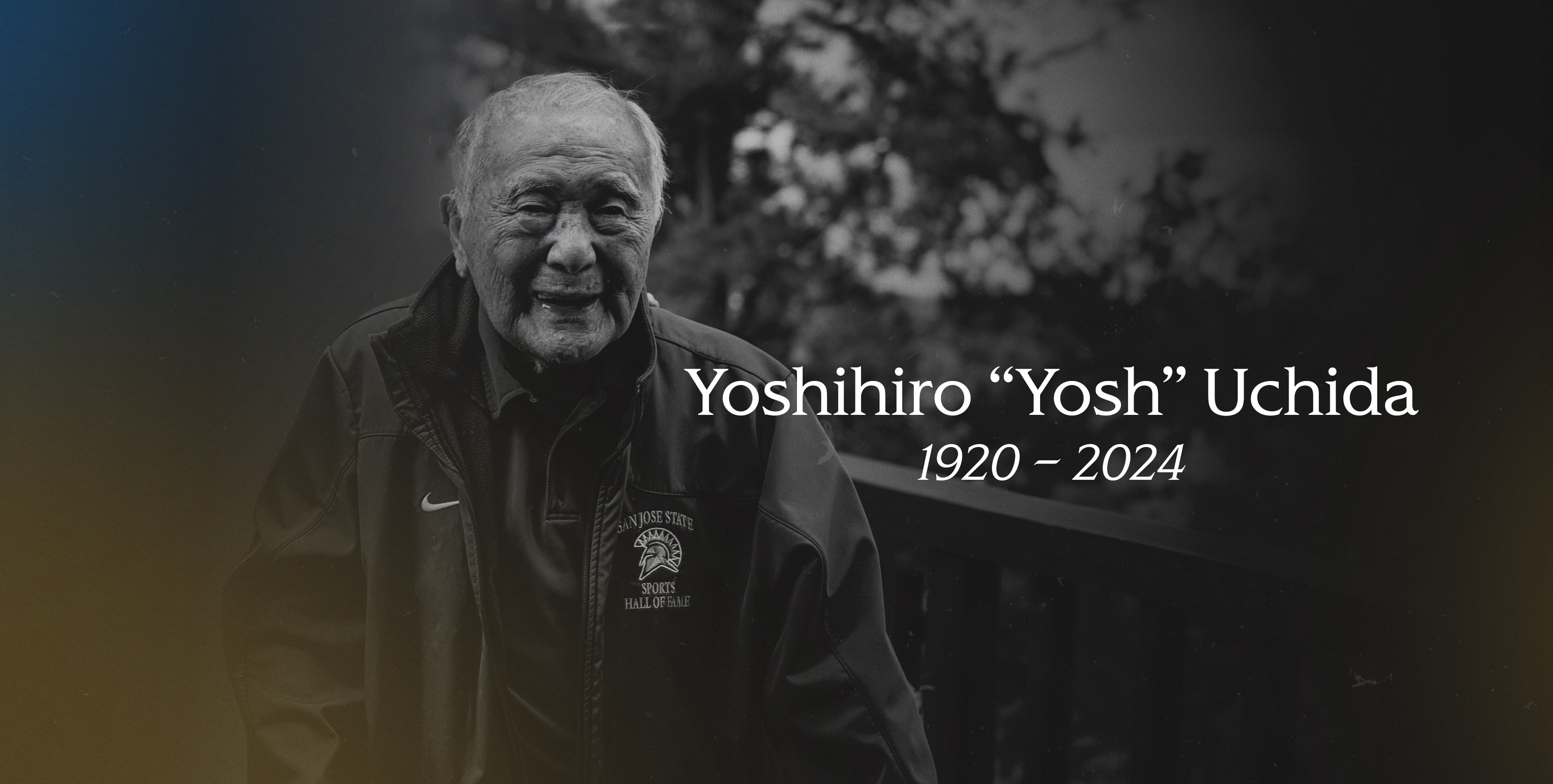 Black and white photo of Yoshihiro Uchida, with graphic text: Yoshihiro 'Yosh' Uchida 1920–2024