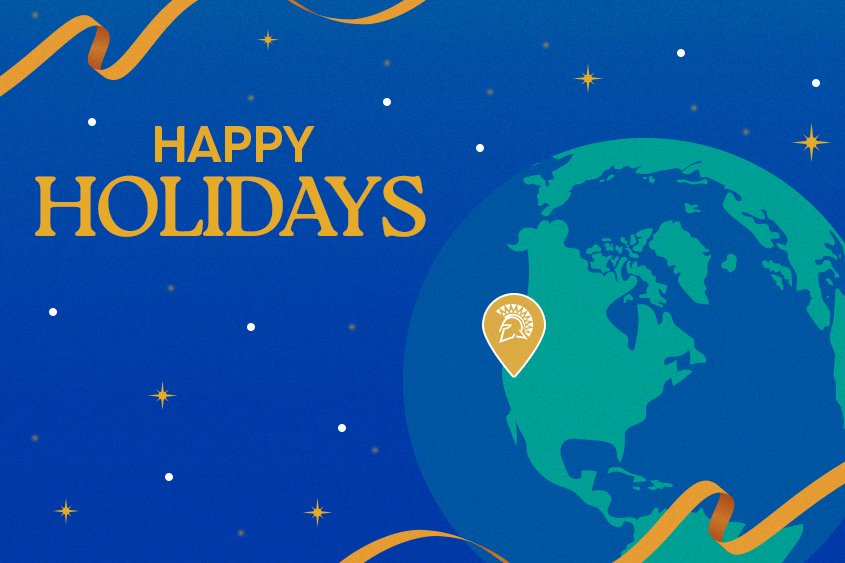 Illustration of the Earth in space, with a spartan pin on the sillcon valley region of the earth, with gold ribbons and text that reads Happy Holiday