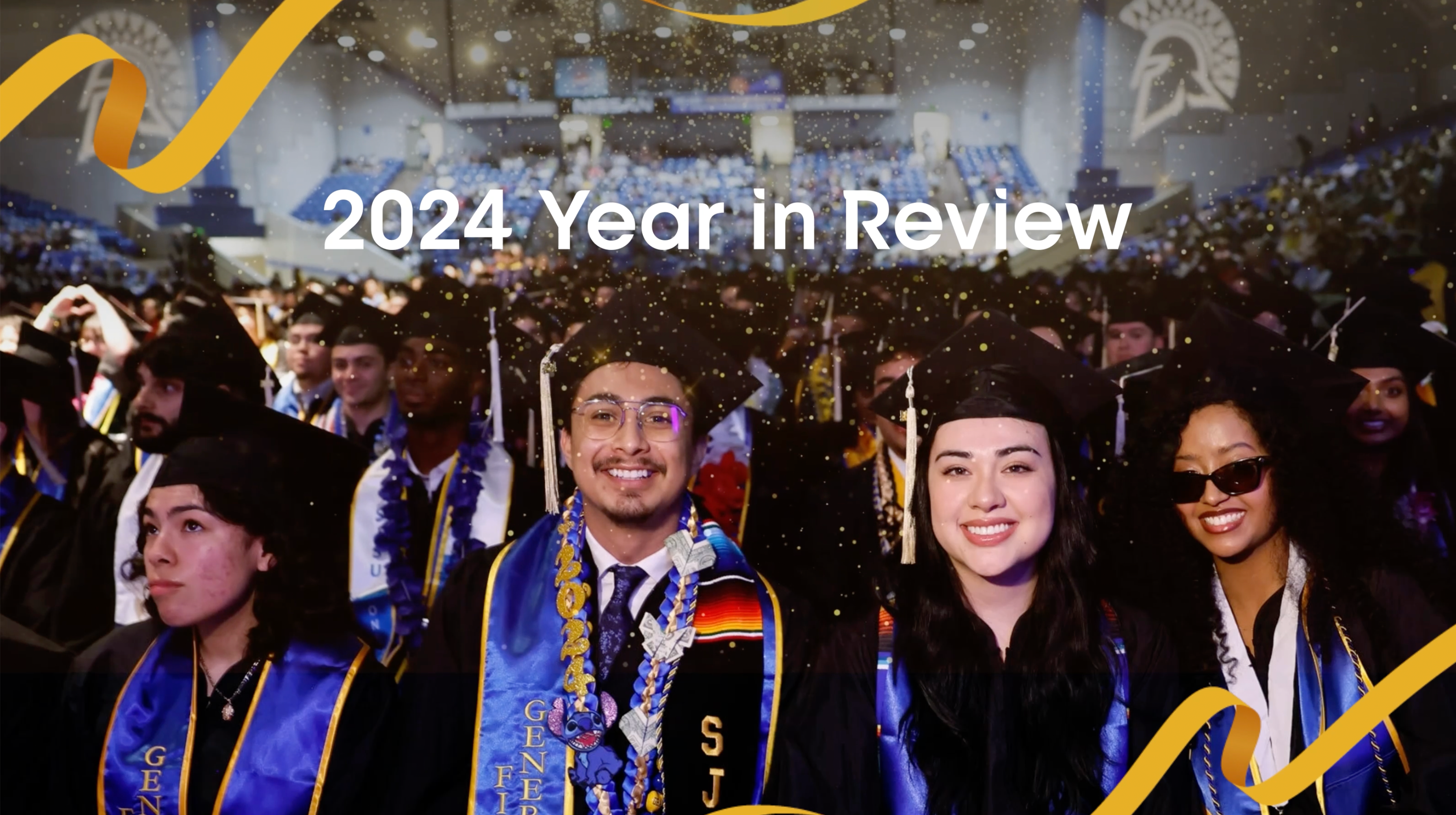 Graduates at Commencement with gold sparkles animated effects and ribbons, and text that reads 2024 Year in Review