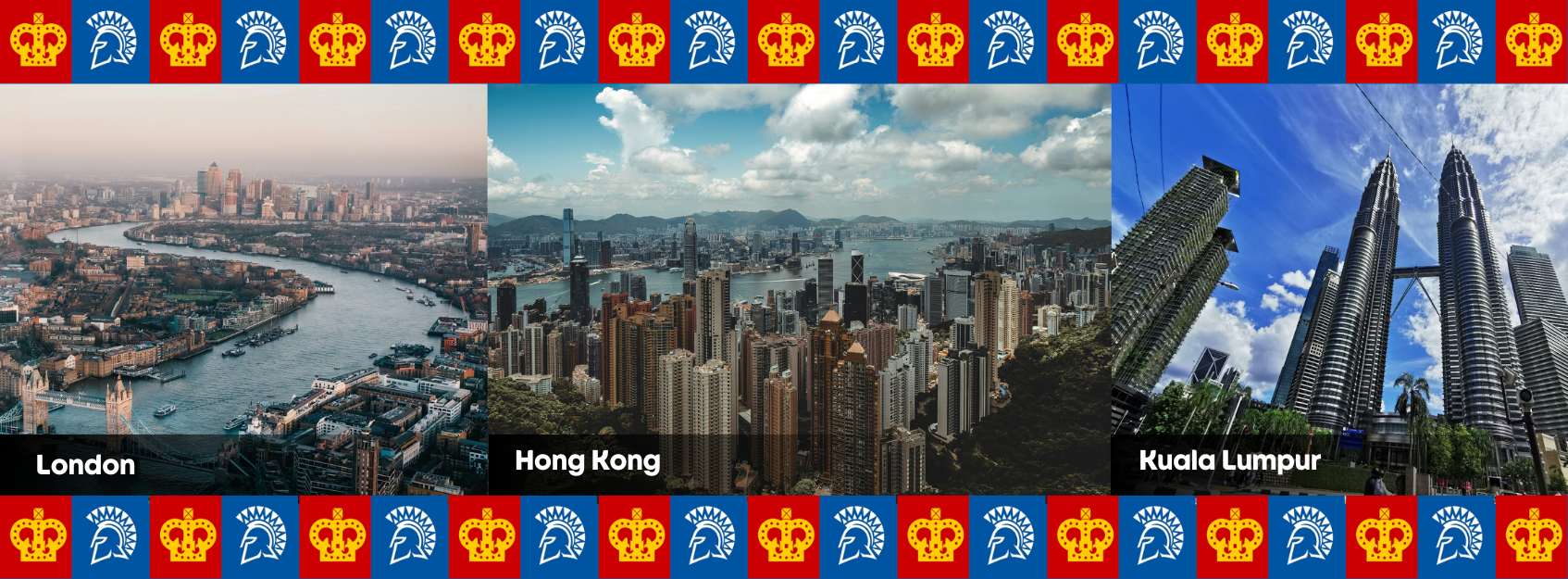 Aerial photos of London, Hong Kong and Kuala Lumpur with a SJSU helmet and Crown logo border