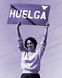 image of Dolores Huerta holding a "Huelga" sign