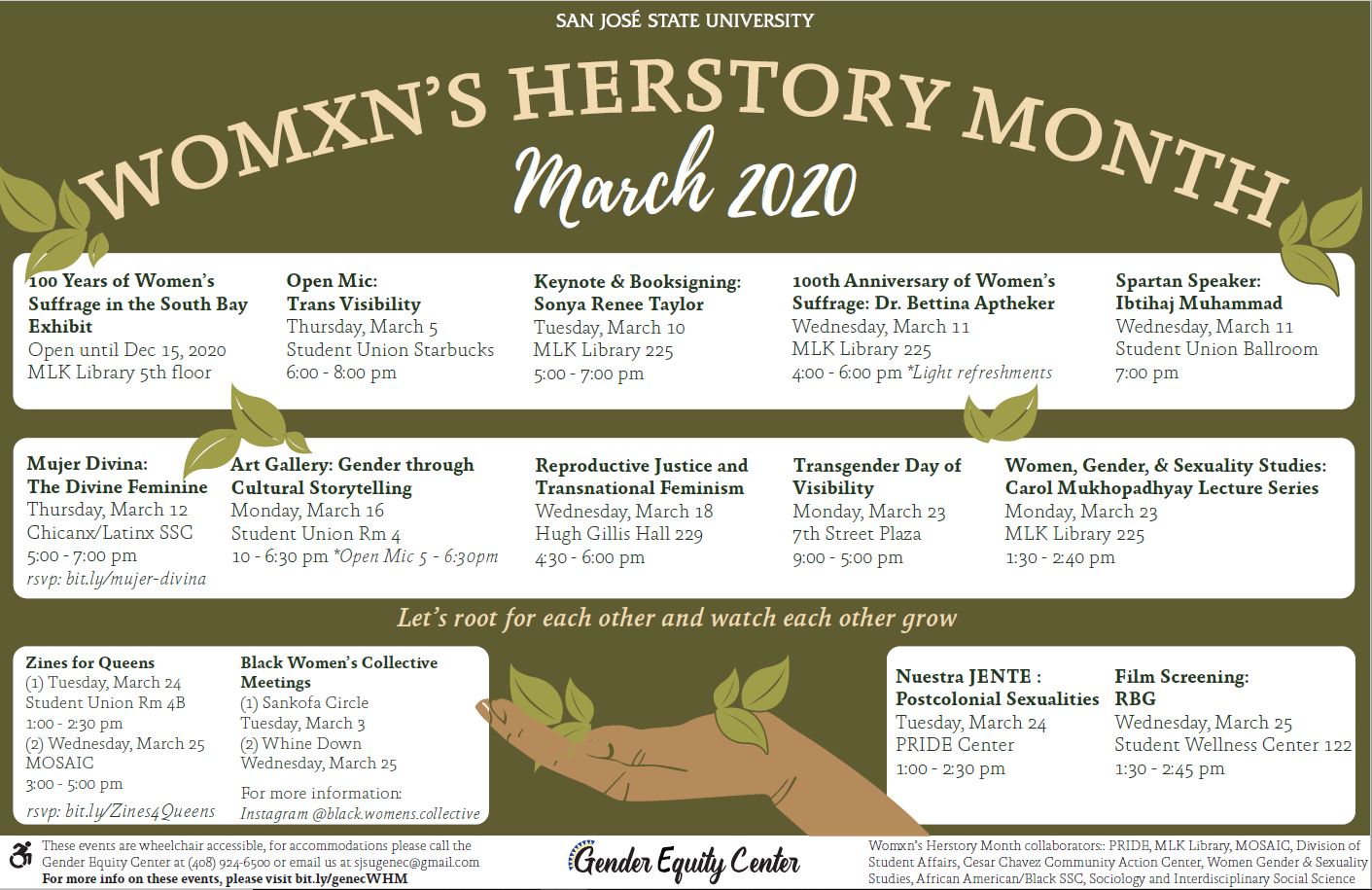 Womxn's Herstory Month calendar of events.