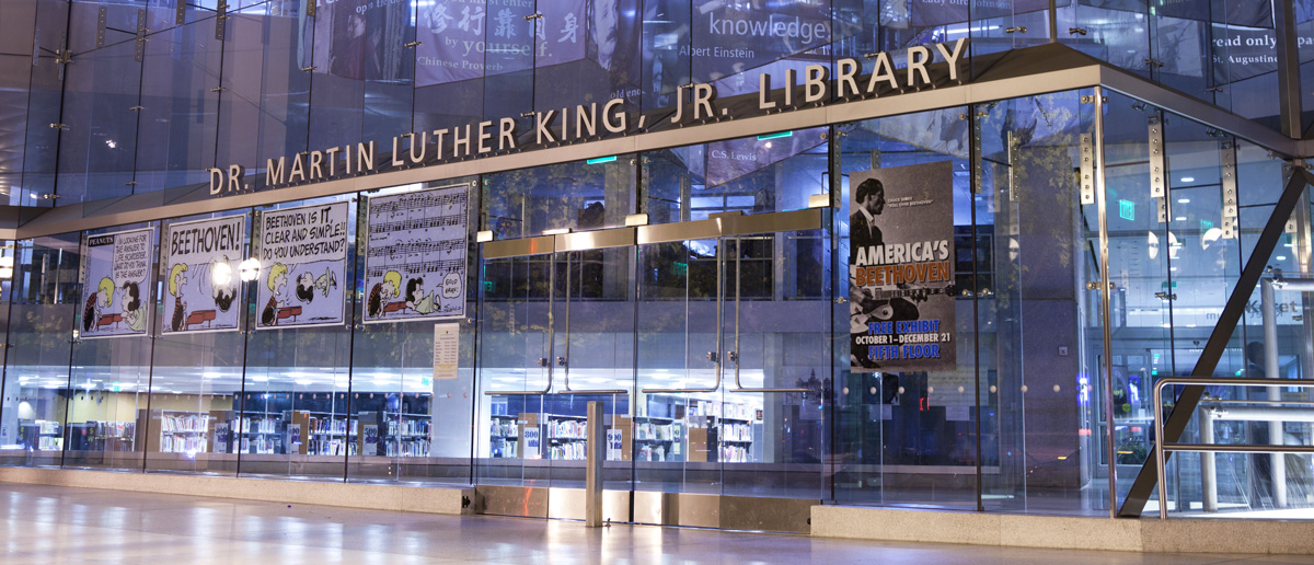 The front entrance of MLK Library.