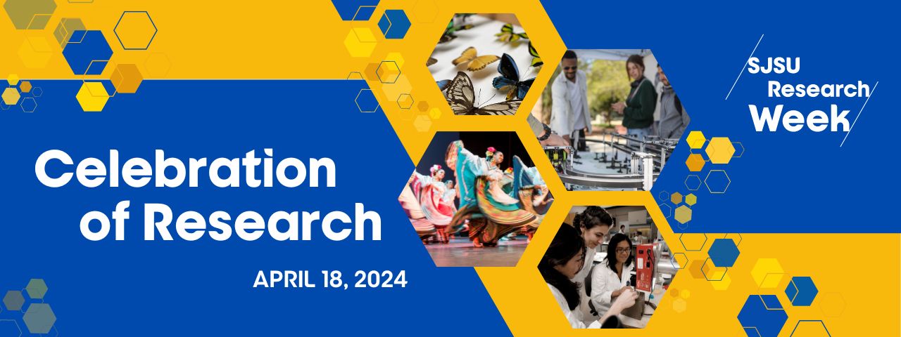 SJSU Research Week logo with hexagon-shaped pictures of faculty and students.