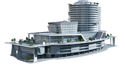 futuristic building model drawing with incorporated greenway