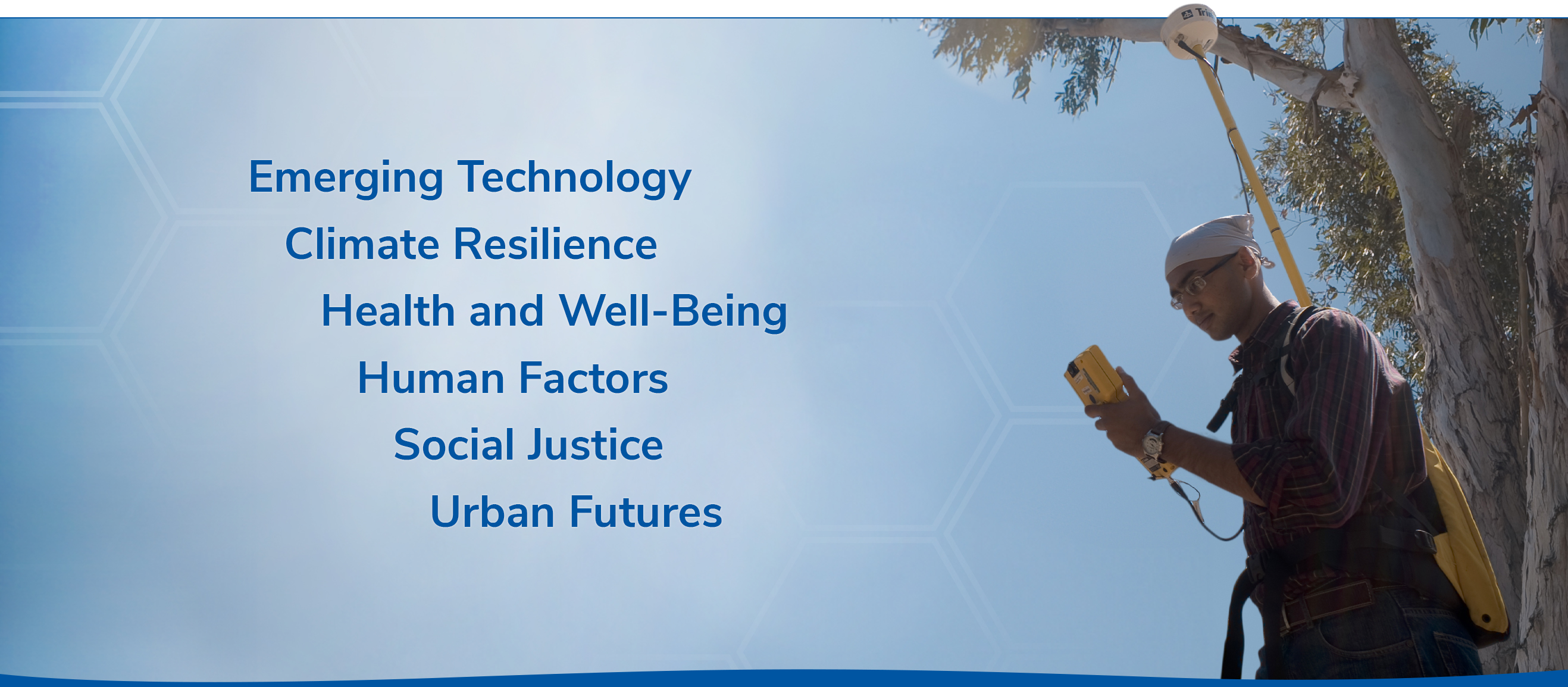 Person holds scientific survey equipment while standing in front of tree.  Text advertising the main strength categories linked below: Emerging Technology, Climate Resilience, Health and Well-Being, Human Factors, Social Justice, Urban Futures