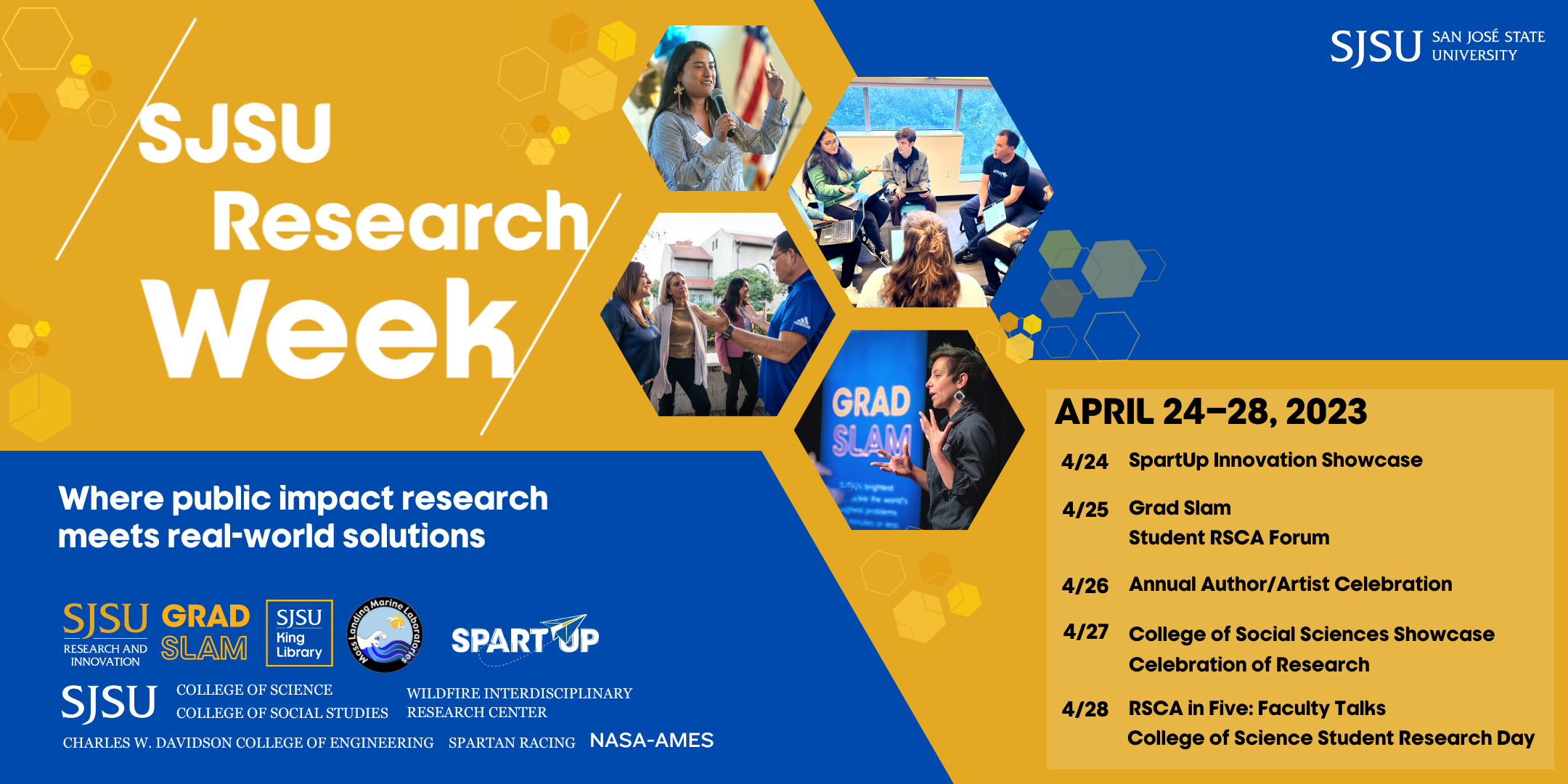 SJSU Research Week banner with pictures and event schedule.