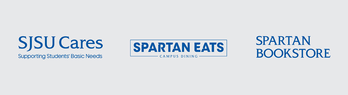 SJSU Cares: Supporting Students' Basic Needs, Spartan Eats: Campus Dining and Spartan Bookstore logos.