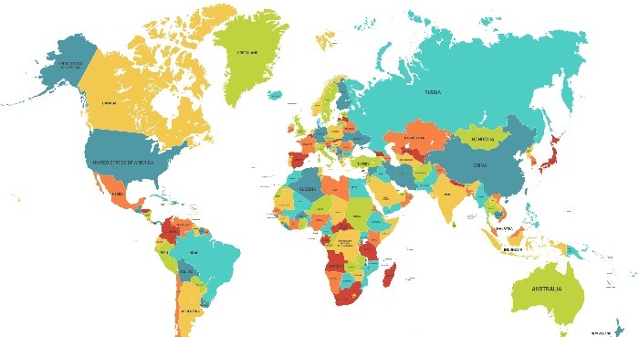 A map of the world with colorful nation boundaries