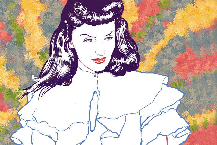 Illustration of Mary Blair with a flower pattern background.