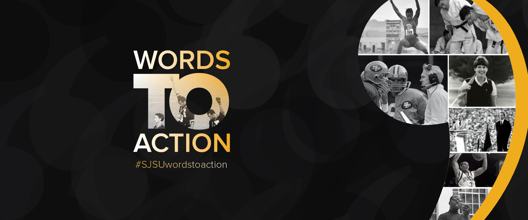 words to action text with various images of athletes on side