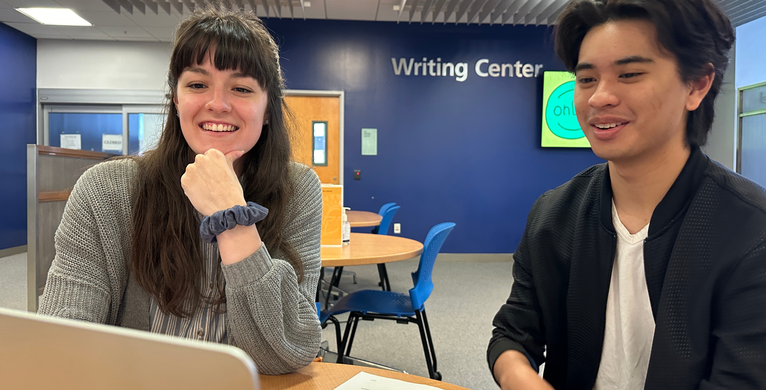 Tutor and student sitting in front of laptop