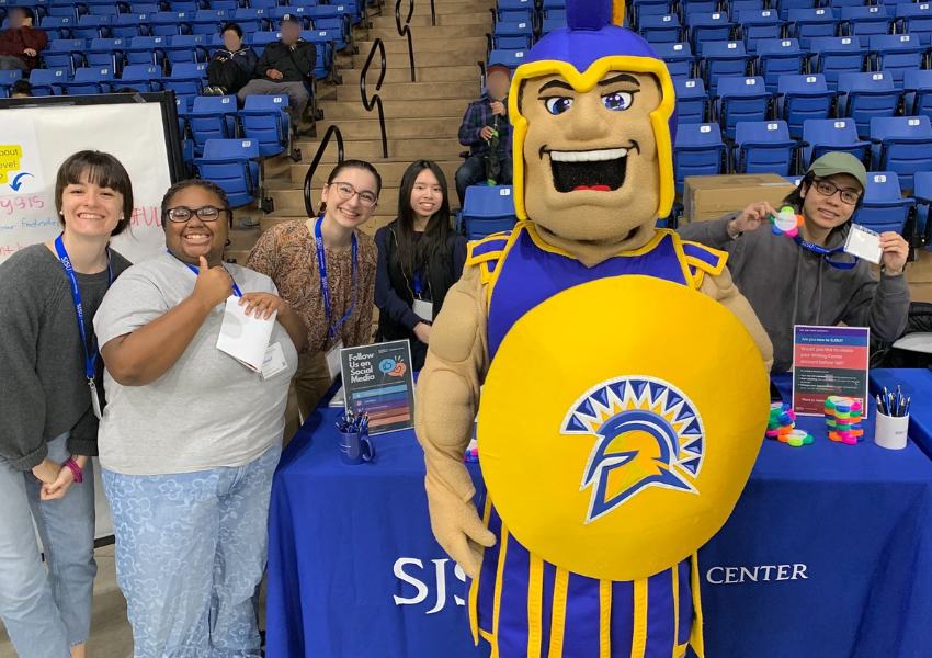 Student employees with Sammy Spartan mascot